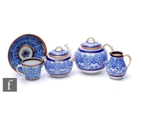 A collection of Royal Worcester Lily pattern tea wares, circa 1870, blue printed stylised flowers and leaves over white groun