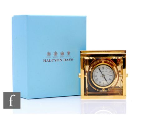 A Halcyon Days timepiece, in the form a ship's compass, the white enamelled dial within circular gimbal mount, in glazed gilt