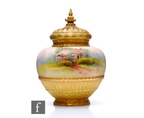 A Royal Worcester pot pourri jar and cover by Raymond Rushton, circa 1930, of shouldered form, the lower quarter with gilded 
