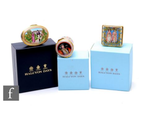 Three Halcyon Days limited edition enamel boxes, 'King Henry VIII' drum form box, no.465/500, height 5cm, together with 'Prid