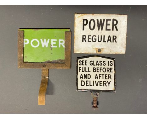 Two small Power petrol pump brand indicator signs plus an enamel sight glass sign.
