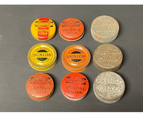 Nine miniature Dunlop chalk and patch tins.