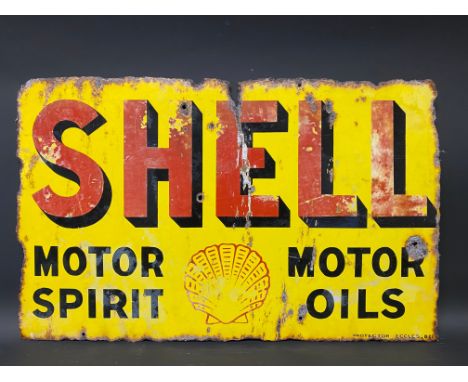 A Shell Motor Spirit and Motor Oils rectangular double sided enamel sign by Protector, lacking hanging flange, 24 x 15".
