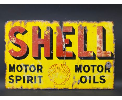 A Shell Motor Spirit and Motor Oils rectangular double sided enamel sign by Protector, lacking hanging flange, 24 x 15".