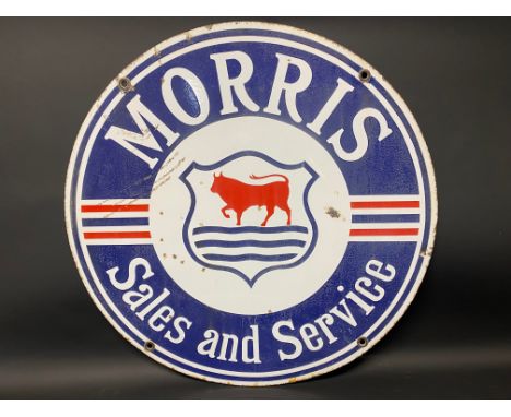 A Morris Sales and Service circular double sided enamel sign, 28 1/2" diameter.