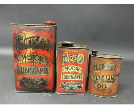 A Price's Motor Lubricants half gallon can, a matching quart can and a similar pint oval Cycle Lamp Oil can.