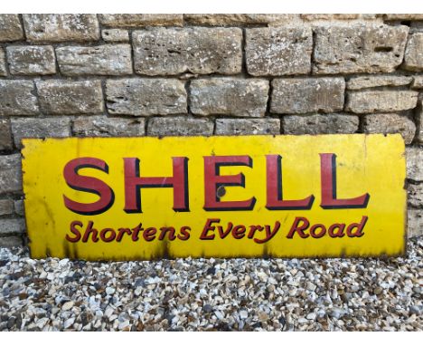 A Shell Shortens Every Road rectangular enamel sign, 54 x 18".