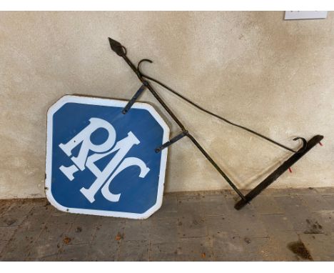 An RAC lozenge shaped double sided enamel sign with hanging bracket, the sign measures 22 x 21 1/2".
