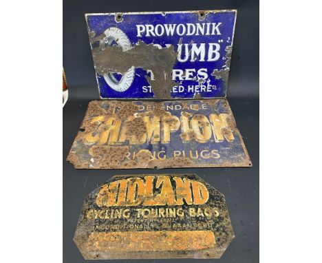 A Prowodnik Columb Tyres double sided enamel sign by Bruton, 20 x 12", a Champion Spark Plugs rectangular enamel sign, 21 x 1