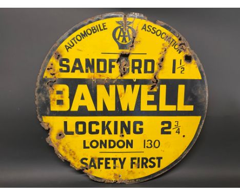 An AA circular yellow and black enamel road/village sign for Banwell, made by Franco, 30" diameter.
