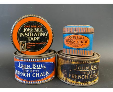 Two John Bull French Chalk tins with paper labels, a John Bull Insulating Tape tin and a patch strip tin.