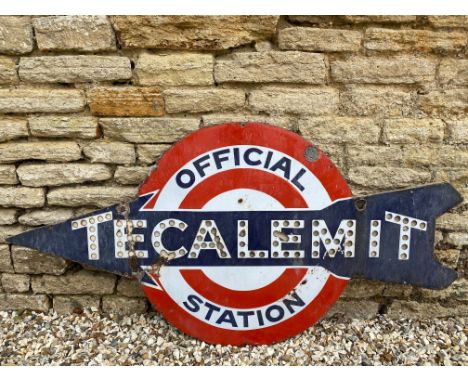 A Tecalemit Official Station directional enamel sign, with holes for reflective discs, mounted on board, 60 x 30".