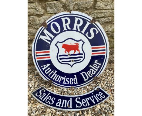A Morris Authorised Dealer circular double sided enamel sign with 'Sales and Service' double sided enamel hanging attachment,