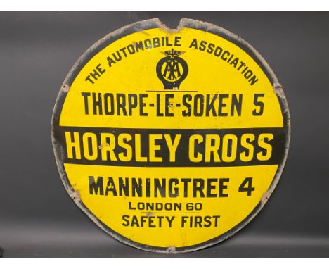 An AA circular yellow and black enamel circular village/road sign for Horsley Cross, by Franco, 30" diameter.