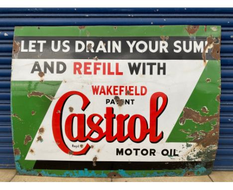 A large Wakefield Castrol 'Let us drain your sump' rectangular enamel sign, 48 x 36".