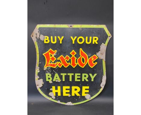 An Exide Battery shield shaped enamel sign by Stocal, 20 1/2 x 24".