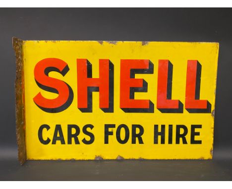 A Shell Cars For Hire double sided enamel sign with hanging flange, 24 x 15".