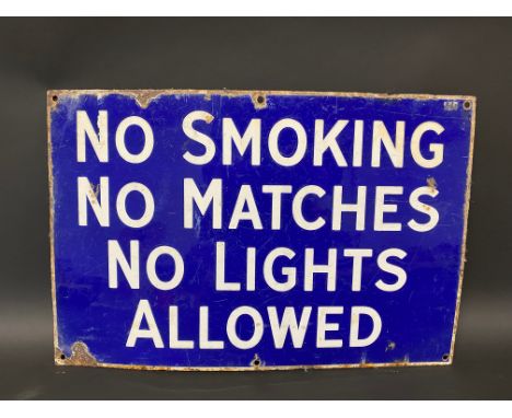 A 'No Smoking No Matches No Lights Allowed' rectangular enamel sign, 18 x 12".
