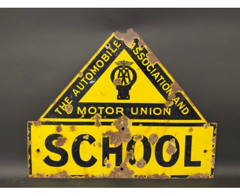An AA &amp; Motor Union enamel road warning sign for School by F. Francis &amp; Co. Deptford, 26 x 21".