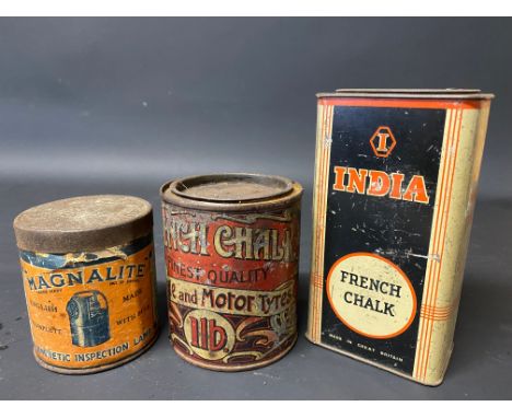 An early French Chalk 1lb tin, a Magnalite inspection lamp in tin and an India French Chalk tin.