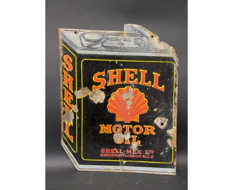 A Shell Motor Oil can-shaped double sided enamel sign, earlier dark grey version, 16 x 20".