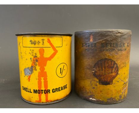 A Shell Motor Grease 1lb tin, with robot/stick man motif, plus a Shell Retinax grease tin with cardboard sides.