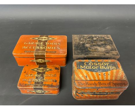 Two Nubo Garage Tools and Accessories tins, plus two bulb tins and a B.W.C. Spring Washers tin.