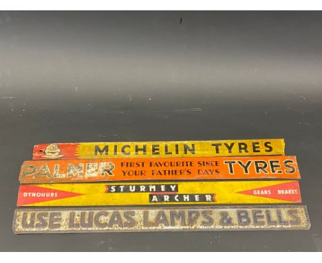 Four advertising shelf strips including Palmer Tyres and Sturmey Archer.