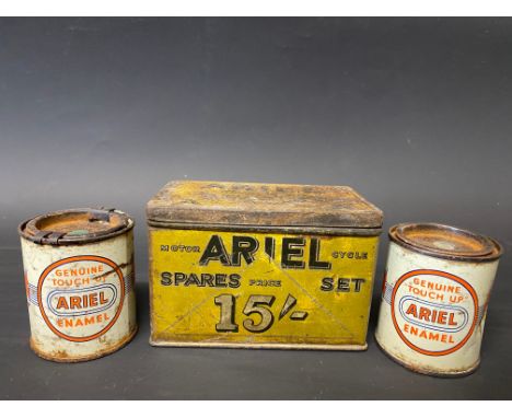 A rare Ariel Motor Cycle spares tin plus two Ariel enamel touch up tins.