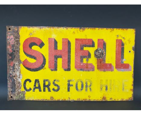 A Shell Cars For Hire rectangular double sided enamel sign with flattened hanging flange, 26 x 15".
