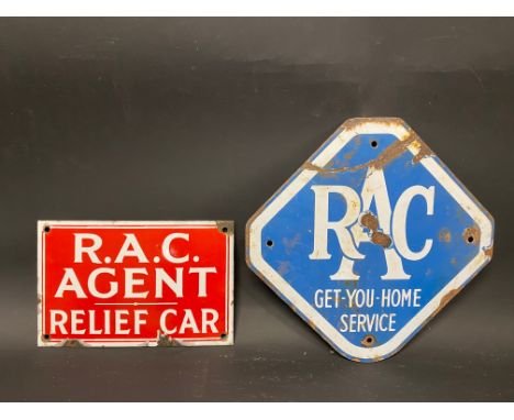 An RAC Agent Relief Car enamel sign, 8 1/2 x 5 1/2" plus an RAC Get-You-Home Service lozenge shaped enamel sign, 10 1/2 x 10 