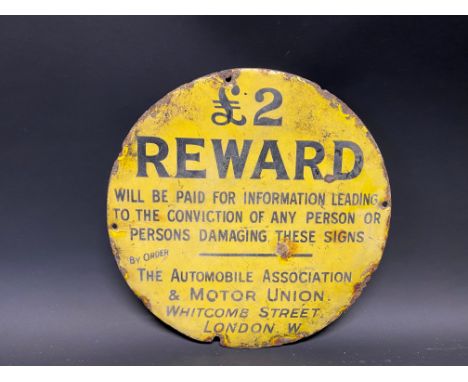 An early AA £2 Reward circular enamel sign, possibly circa 1914, 8" diameter.
