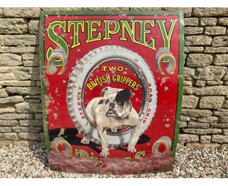 A rare large version Stepney Tyres pictorial enamel sign, with bulldog image to the centre, made by Bruton of Palmers Green, 