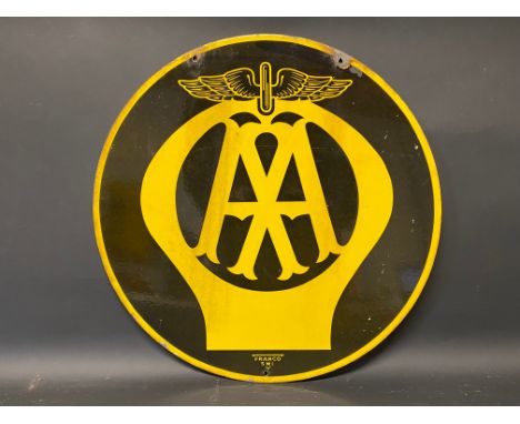 An AA circular double sided enamel sign by Franco, 18" diameter.