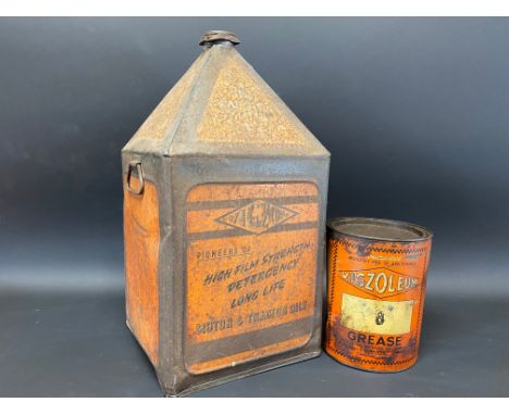 A Vigzol Vitafilm Motor and Tractor Oils five gallon pyramid can plus a Vigzoleum 7lb grease tin.