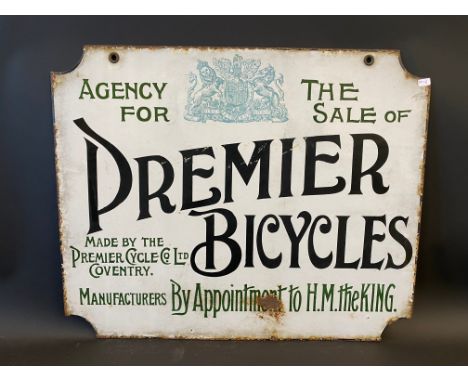 An early Premier Bicycles agency double sided enamel sign with Royal coat of arms to both sides, 22 x 18".
