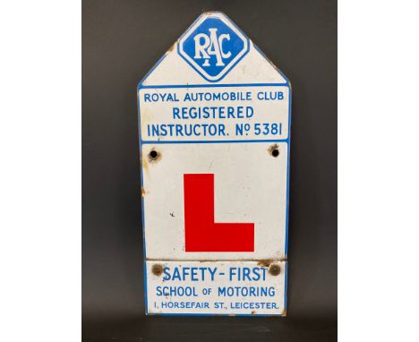 An RAC Registered Instructor L plate enamel sign with 'Safety First School of Motoring, 1 Horsefair St. Leicester' attachment