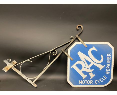 An RAC Motor Cycle Repairer lozenge shaped double sided enamel sign on hanging bracket, 19 3/4 x 19" (measurements for sign o