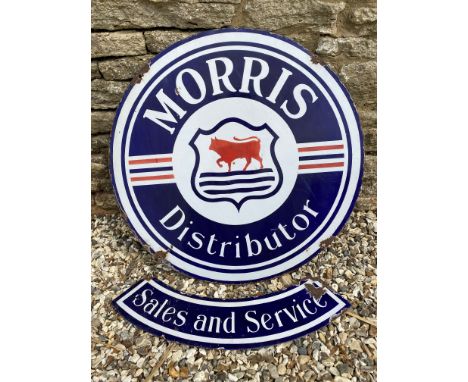A Morris Distributor circular double sided enamel sign with 'Sales and Service' double sided enamel hanging attachment, the m