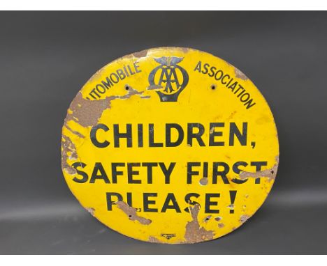 An AA 'Children, Safety First Please!' circular enamel warning sign by Franco, 36" diameter.