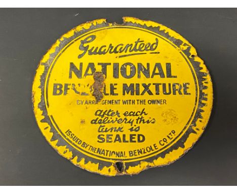 A National Benzole Mixture 'Sealed' tank enamel sign, 8" diameter.