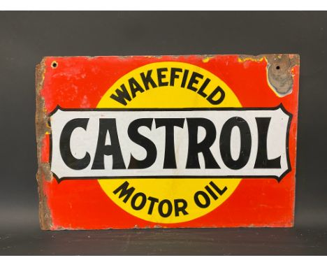 A Wakefield Castrol Motor Oil rectangular double sided enamel sign by Bruton of Palmers Green, lacking hanging flange, 20 x 1