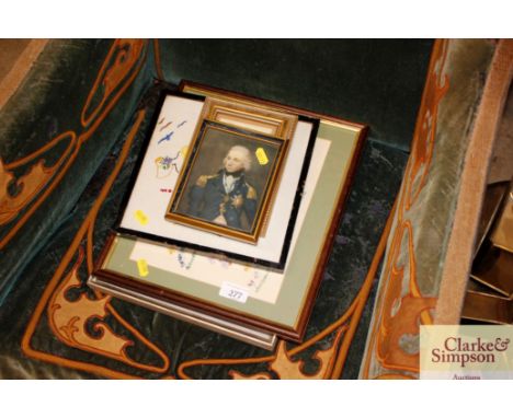 A Victorian silhouette picture; a print of Lord Nelson; two embroideries; and a Victorian watercolour of hollyhocks 