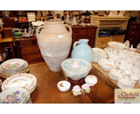 A twin handled vase; an Oriental decorated bowl on stand; a blue glazed jug; Royal Worcester "Butterflies" dish and cover etc