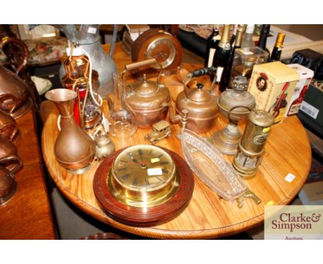 Two antique copper kettles; a brass miners lamp; a large brass key; lava lamp; various other decorative items etc