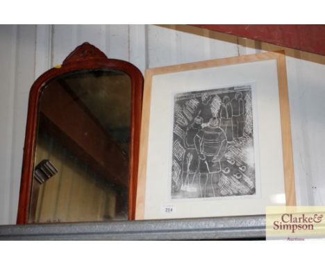 A pencil signed print by Garvie, "Petanque Players"; and a Victorian mirror
