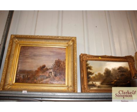 19th Century school, oil on canvas study of figures fishing on a river in decorative gilt frame; and a large French style imp