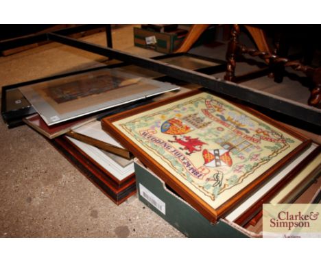 A quantity of various pictures, prints and embroideries 