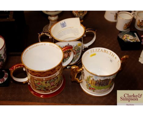 A Spode limited edition Royal Wedding loving cup; a Paragon porcelain Commemorative mug for the 80th Birthday of Queen Elizab