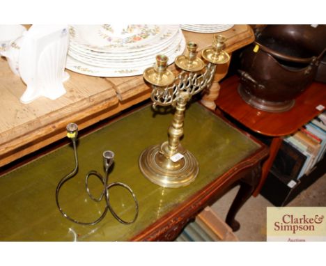 A bras three light candelabra; and a modern two light metal ware similar  